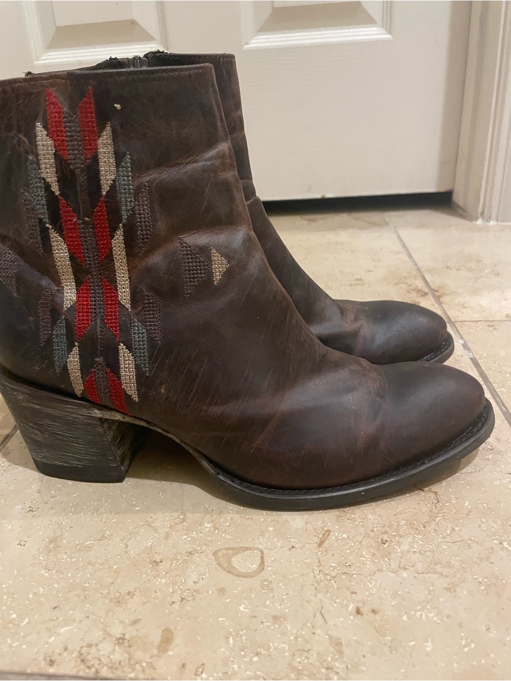 Women’s Brown Leather Old Gringo Ankle Boots with Red & Gray Embroidered Detail